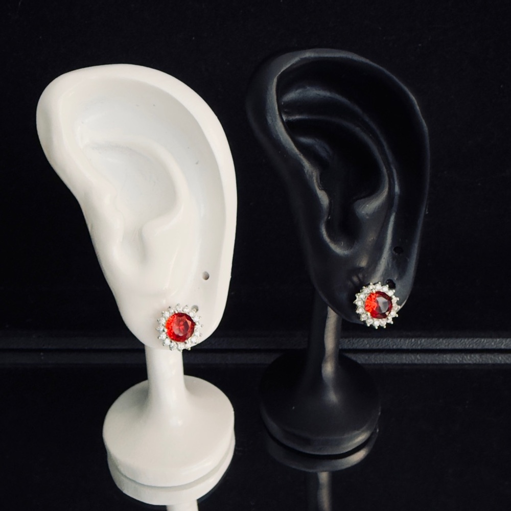 Beautiful Red Moissanite Halo Pushback Earrings 925 Sterling Silver Brand New